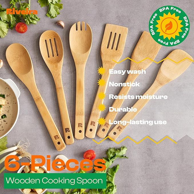 Riveira Bamboo Cooking Spoons 6-Piece – Wooden Cooking Utensils Set with Wooden Spoons for Cooking & Spatulas Wooden Utensil Sets – Premium Kitchen Utensils Set – Durable First Apartment Essentials