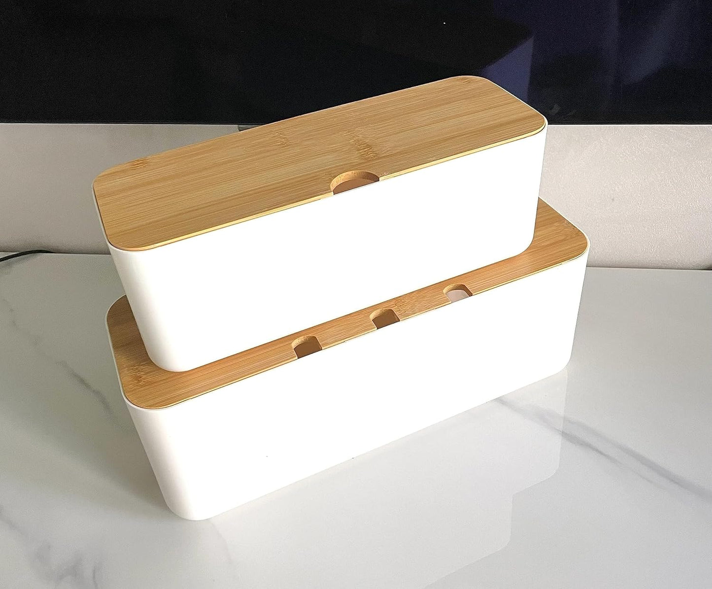 2 Pieces Cable Management Box|Cord Organizer Box| Hide and Conceal Power Strips and Electrical Cords from TVs, Computers, and Desks (White 2PCS)