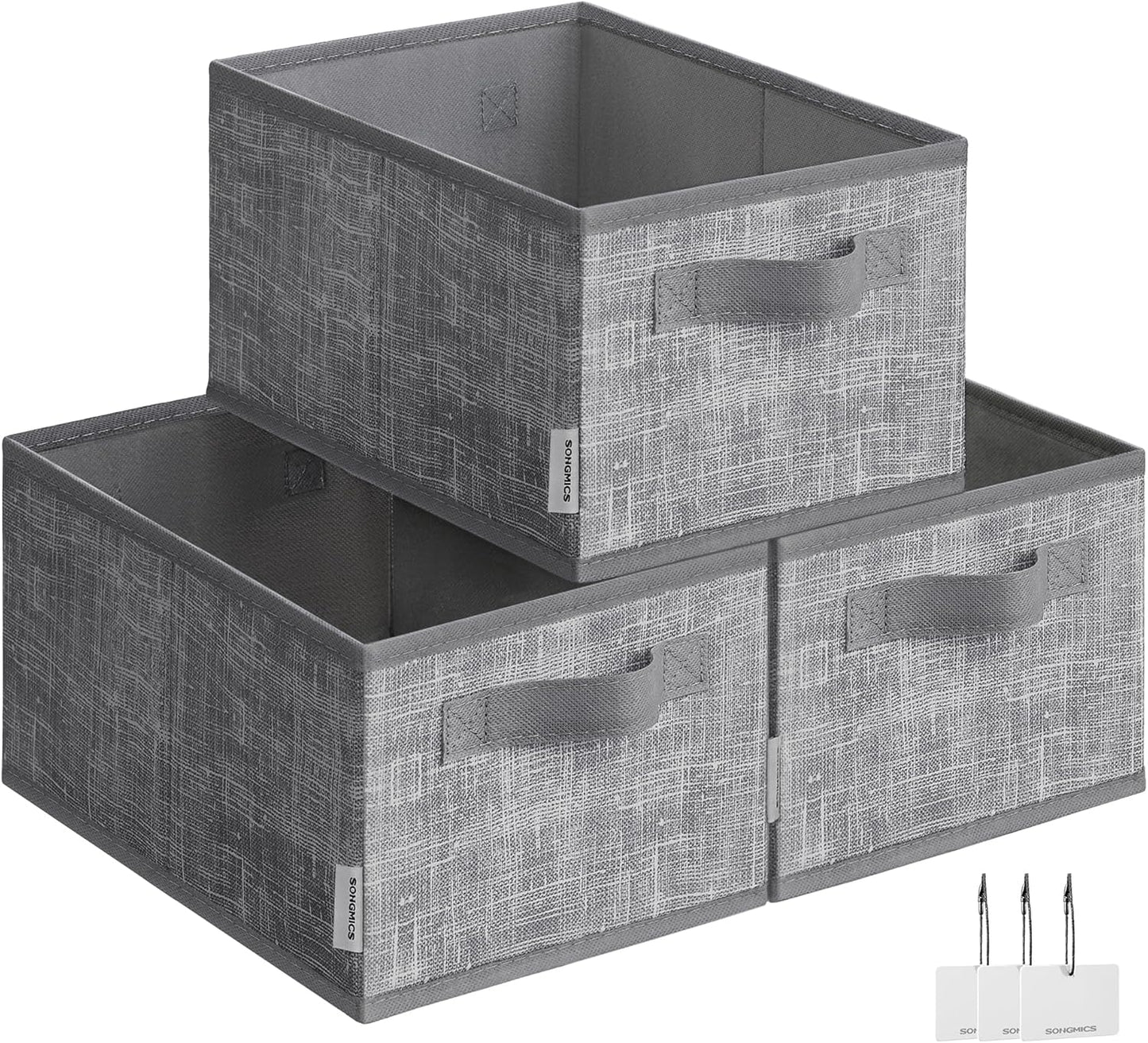 SONGMICS Storage Cubes, 11.8 x 7.9 x 5.9 Inches Non-Woven Fabric Bins with Double Handles, Set of 3, Closet Organizers for Shelves, Foldable, for Clothes, Cattail Gray UROB415G01