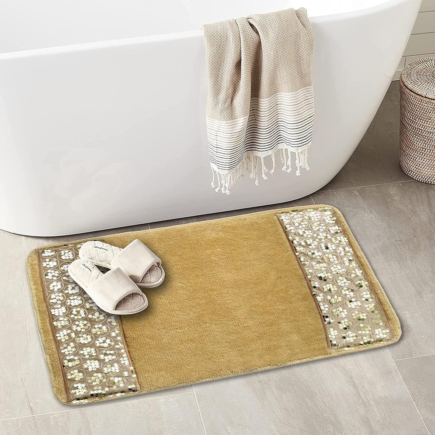 Zahari Home Sinatra Modern Bathroom Rug Classic Luxury Bath Rug Contemporary Decor Champagne Gold Bath Mat for Shower Unique Design Stylish Bathroom Rug Bath Shower Tub Décor