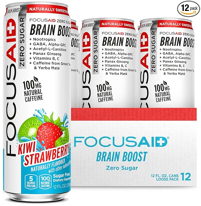 FOCUSAID ZERO SUGAR Nootropics Blend, Alpha-GPC, GABA, 100mg Natural Caffeine from Green Tea, Yerba Mate, Vitamin B-Complex, Keto-Friendly, No Artificial Sweeteners, 12 Fl Oz (Pack of 12)