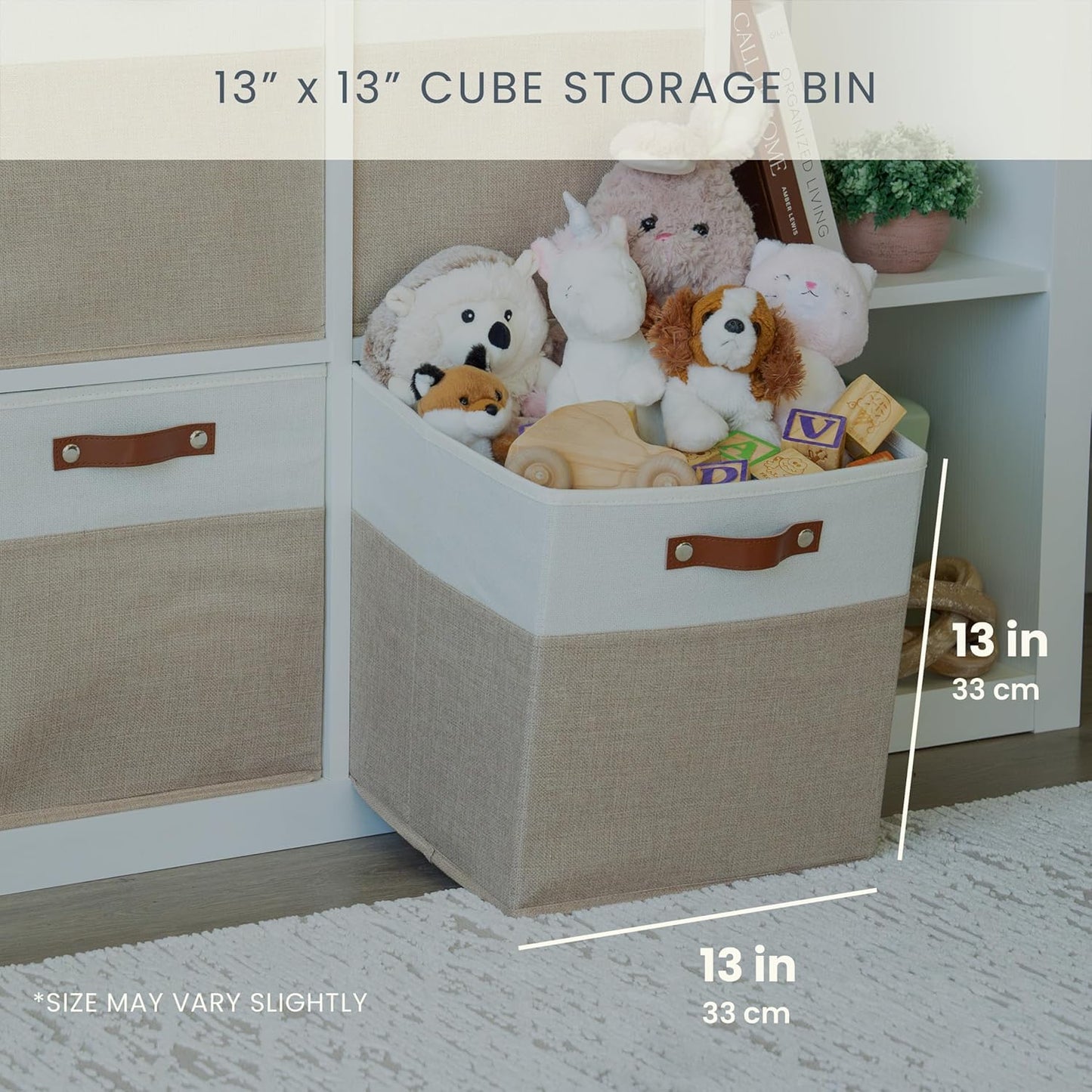 OrganiHaus 13" x 13" x 13" Cube Fabric Storage Bins Set of 4, Fabric Storage Cubes w/ Vegan Handles, 13 inch Collapsible Bins for Clothes & Toy Organizer, 13x13 Basket for Decor - Beige/White