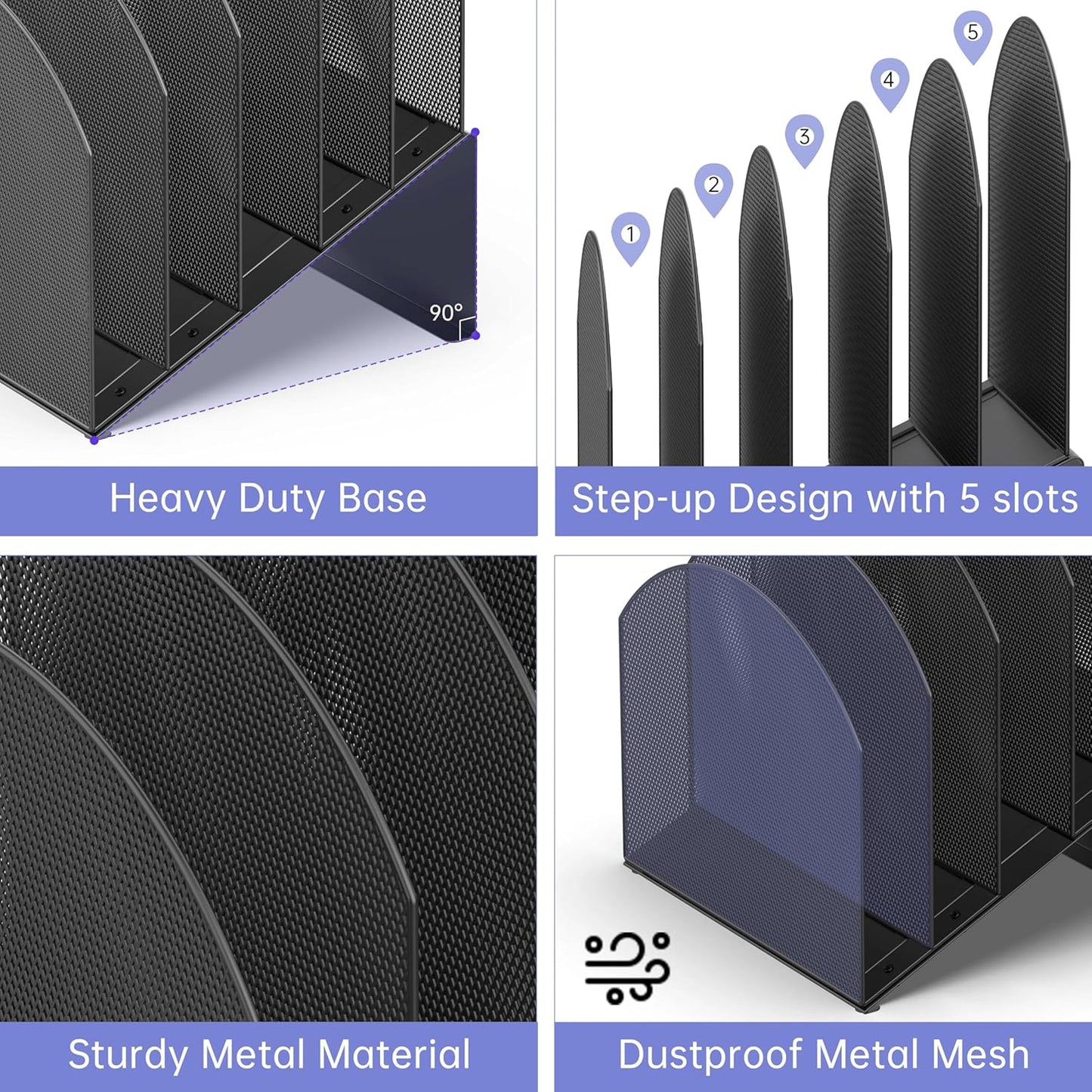 5-Tier Desk File Organizer, Vertical File Folder Organizer. Metal Mesh Mail Rack, Document & Record Holder and Storage for Home Office School, Black