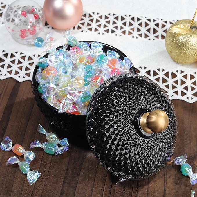 Joeyan 12 oz Small Black Glass Jars with Lid,Embossed Glass Candy Dishes,Diamond Faceted Food Container,Decorative Jewelry Box Apothecary Canisters,Colored Kitchen Bathroom Buffet Storage Organizer
