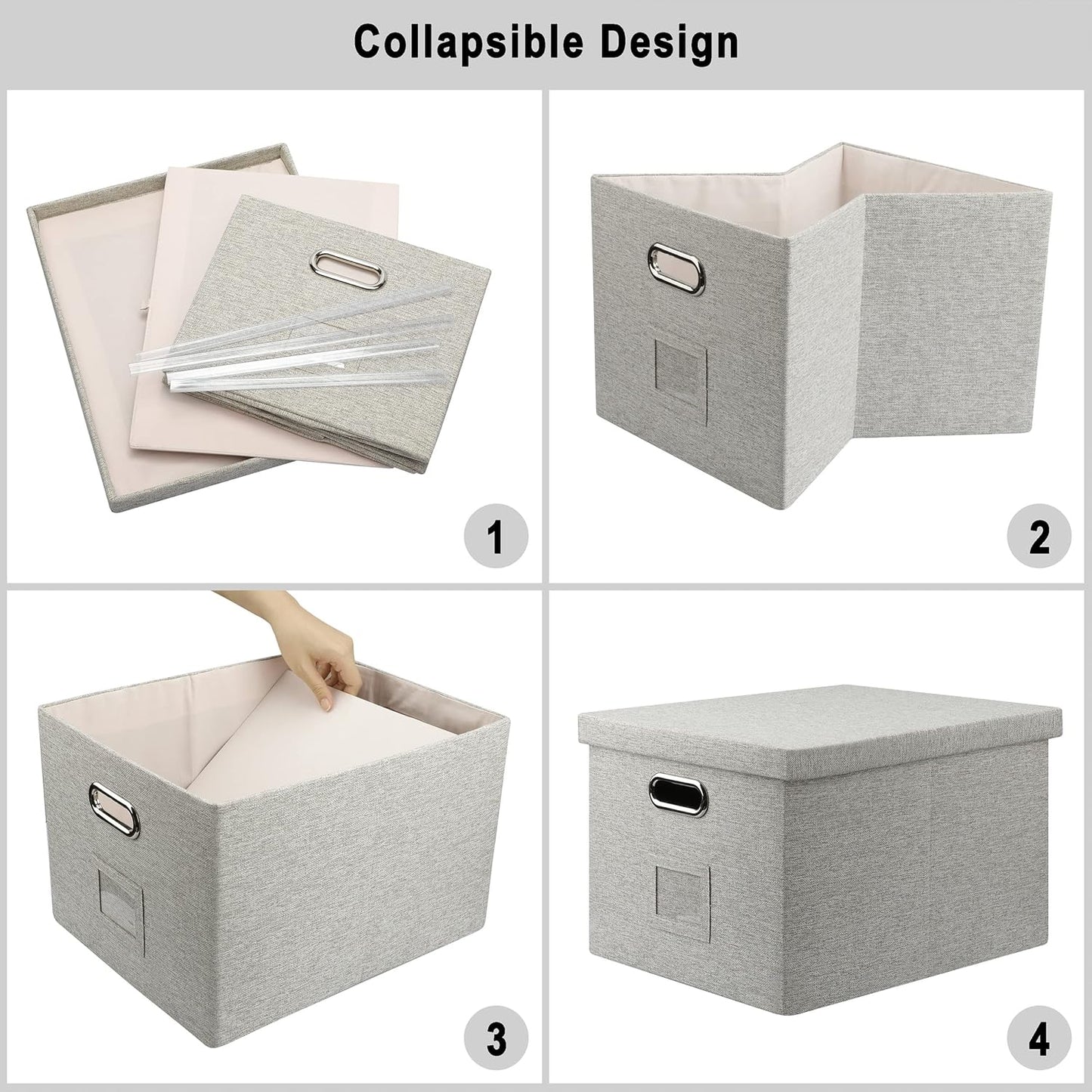 4-Pack Modern Minimalist Beige Collapsible Linen File Folder Box Office Document Storage Filing Bin with Lid for Letter Legal Size Hanging Folders