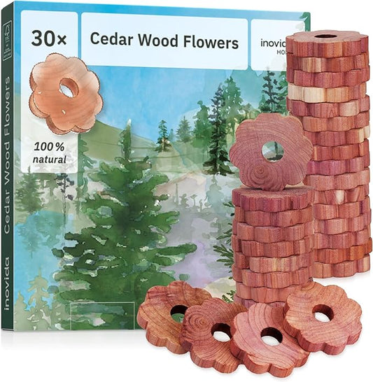 30 American Cedar Wood Rings – Stop Clothes Damage - Wardrobe Freshener – Premium American Cedarwood Flowers for Fresh Scent in Drawers and Closets - Cedar Clothes Hangers
