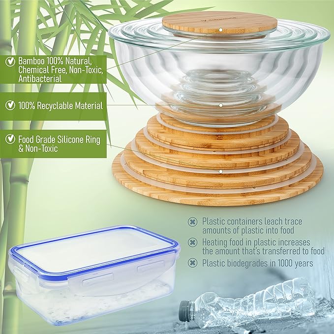 Stackable Space-Saving Set of 5 Nesting Glass Bowls with Bamboo Lids for Foodprep, Storage, Baking, Mixing & Cooking, Microwave & Oven Safe BPA Free Heat Resistant Inert Borosilicate Glass