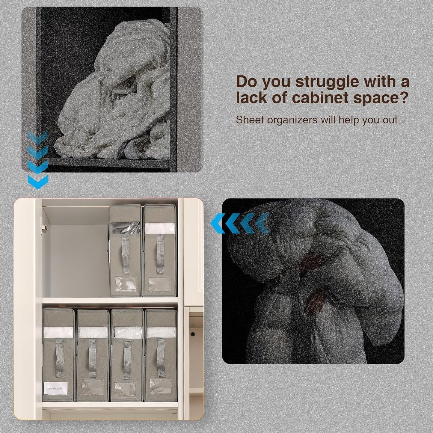 DIMJ Bed Sheet Organizers and Storage 4 Pack - Foldable Sheet Organizer for Linen Closet, Bedding Storage Box for organization, Sheets Set Folder Keeper with Window(King & Queen Size), Grey