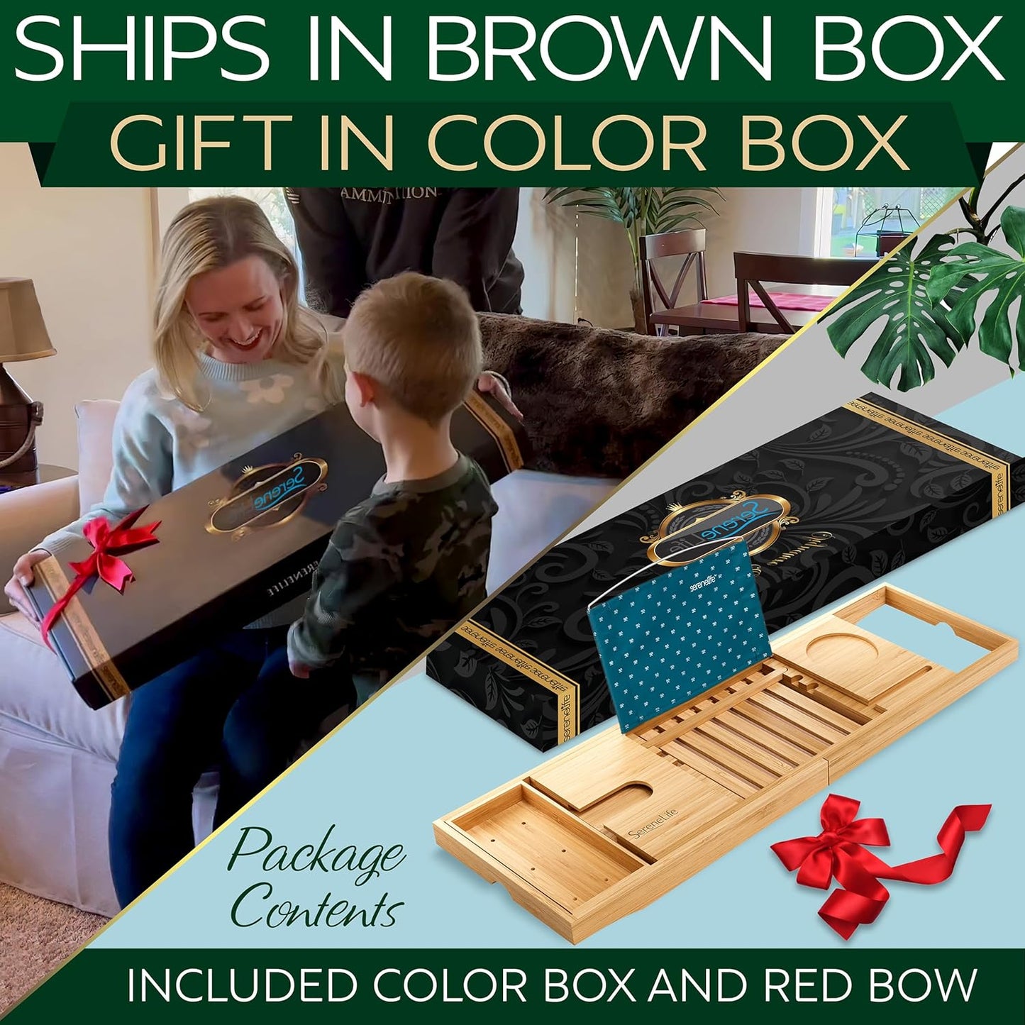 SereneLife Bathtub Tray - Expandable Bath Tray for Tub, Adjustable Bamboo Caddy with with Non-Slip Handles, Device Holder and Wine Glass Slot for Bathing Luxury (Standard, Soft Back, Gift Set)