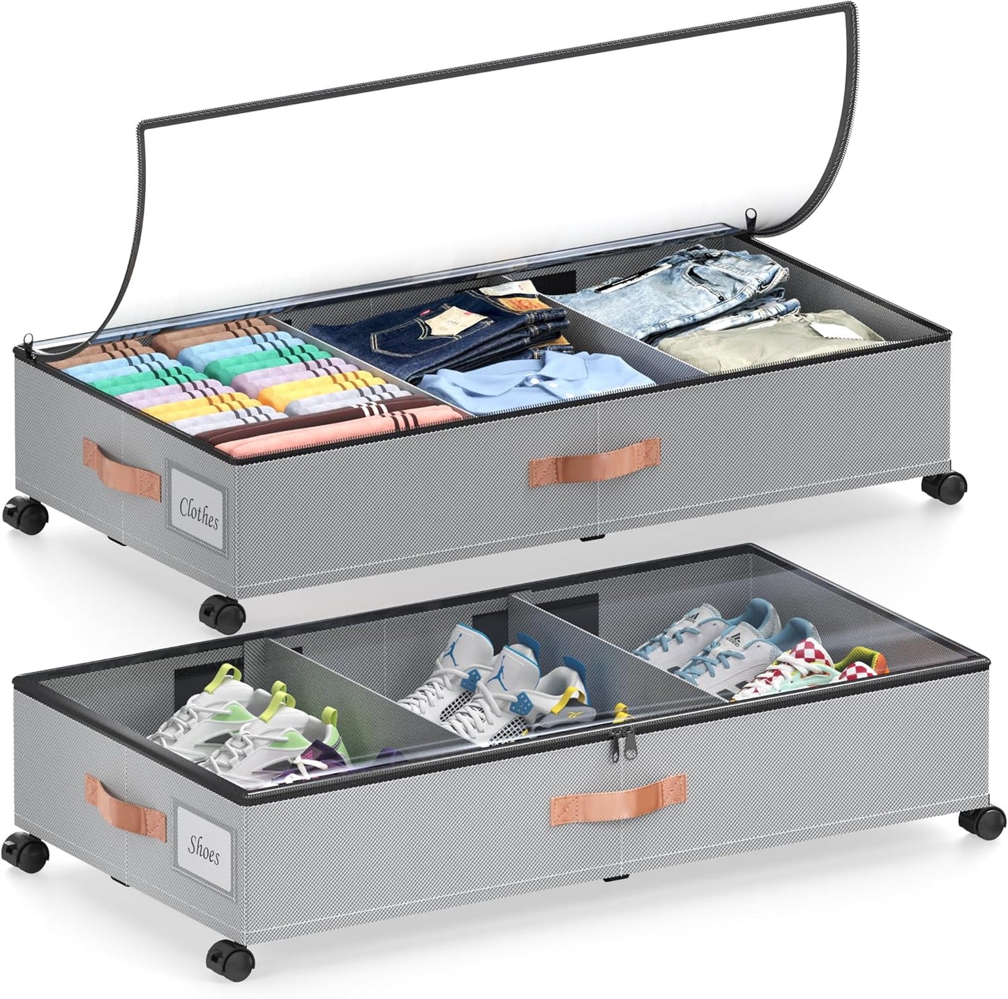 Under Bed Storage with Wheels, 2 Pack Under Bed Storage Containers with Dividers & Clear Lids, Under the bed storage Organizer Bins,Underbed Storage with Wheels for Clothes,Toys,Shoes (GREY)