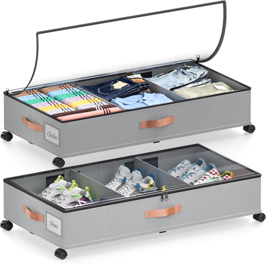 Under Bed Storage with Wheels, 2 Pack Under Bed Storage Containers with Dividers & Clear Lids, Under the bed storage Organizer Bins,Underbed Storage with Wheels for Clothes,Toys,Shoes (GREY)