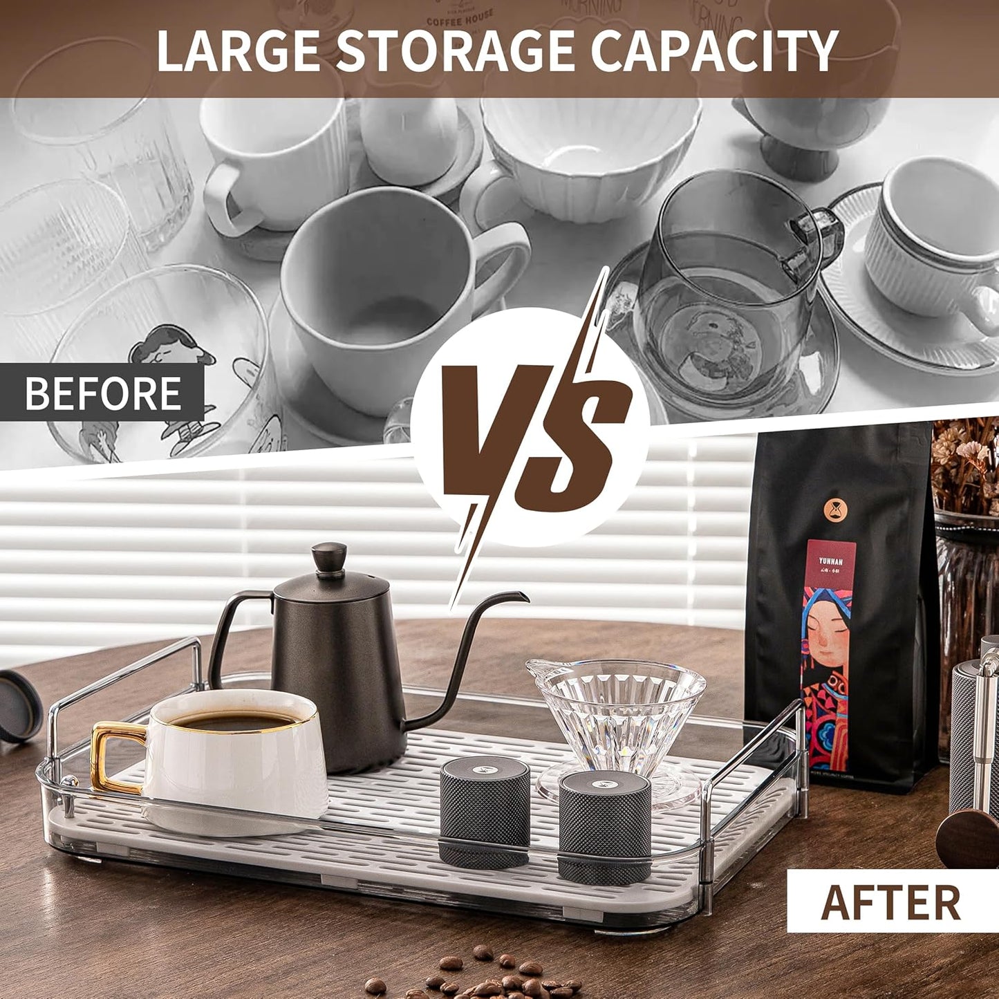 Coffee Bar Accessories,Station Organizers,Large Capacity Storage with Drain Board,Whisky Tray,Mug Tea Cup Holder Coffee Bar Organizer,Smoky Gray