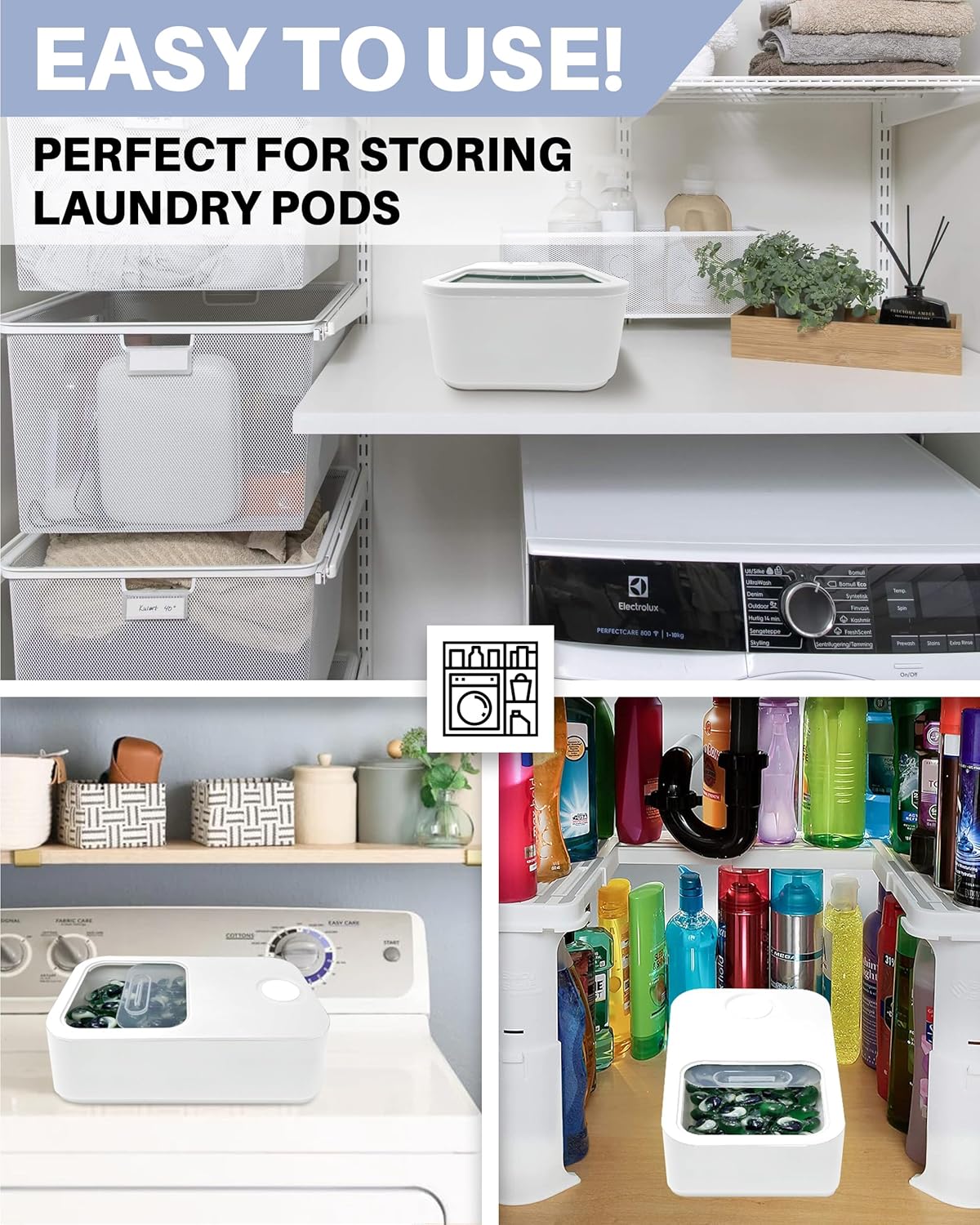 Skywin Large Laundry Pods Container with Slide Lid, 2 Pack Laundry Pod Holder 15 x 8.7 x 4.5 In, Holds 11 lbs OR 120-150 Pods (White)