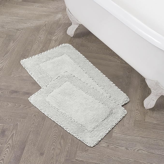 Laura Ashley Ruffle Border 100% Cotton Bath Rug Set, Light Grey, 17" x 24"/ 20" x 32"