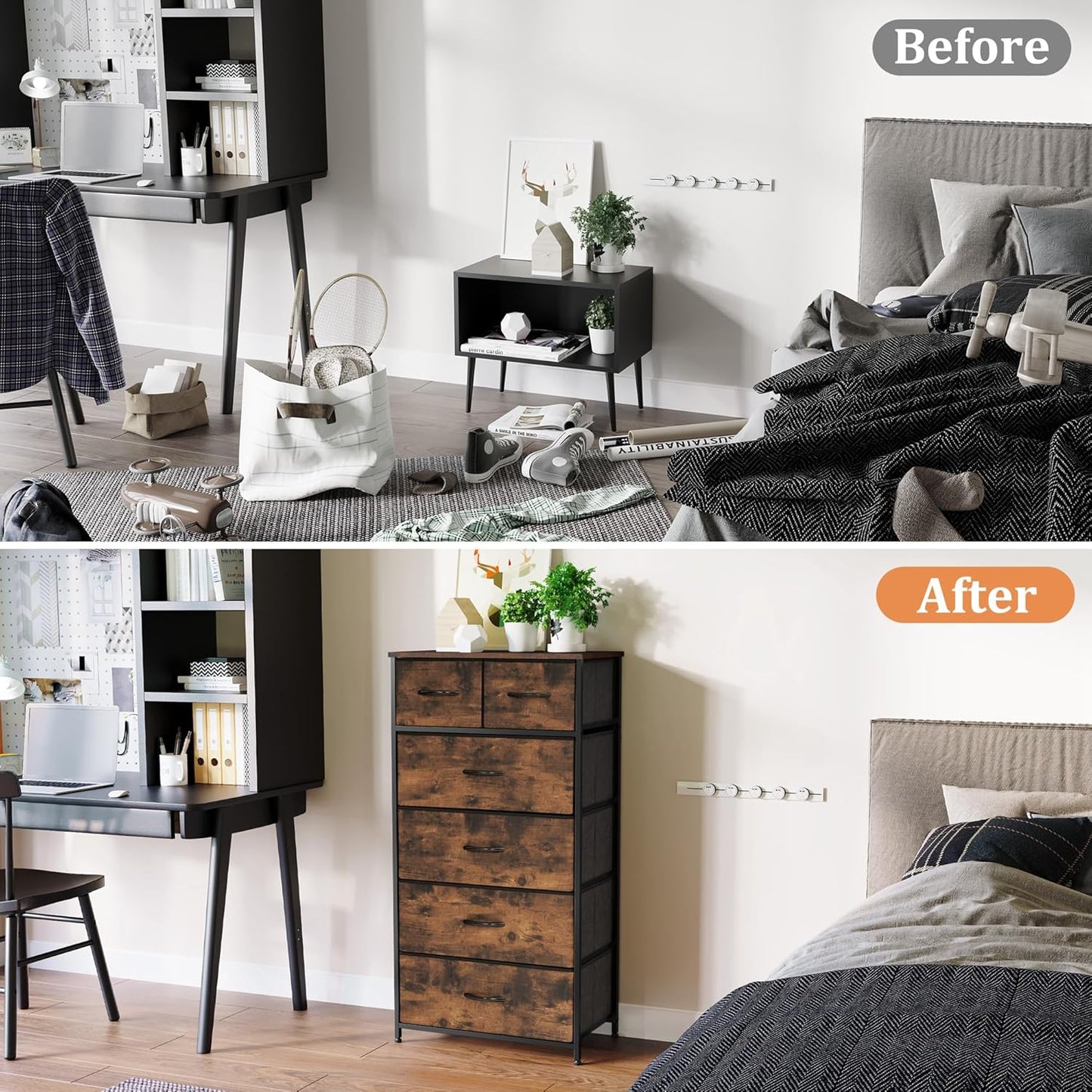 Fabric Dresser for Bedroom, Tall Skinny Dresser with 6 Drawers, Storage Organizer Tower, Steel Frame Wooden Top for Closet, Living Room, Hallway(Rustic Brown)