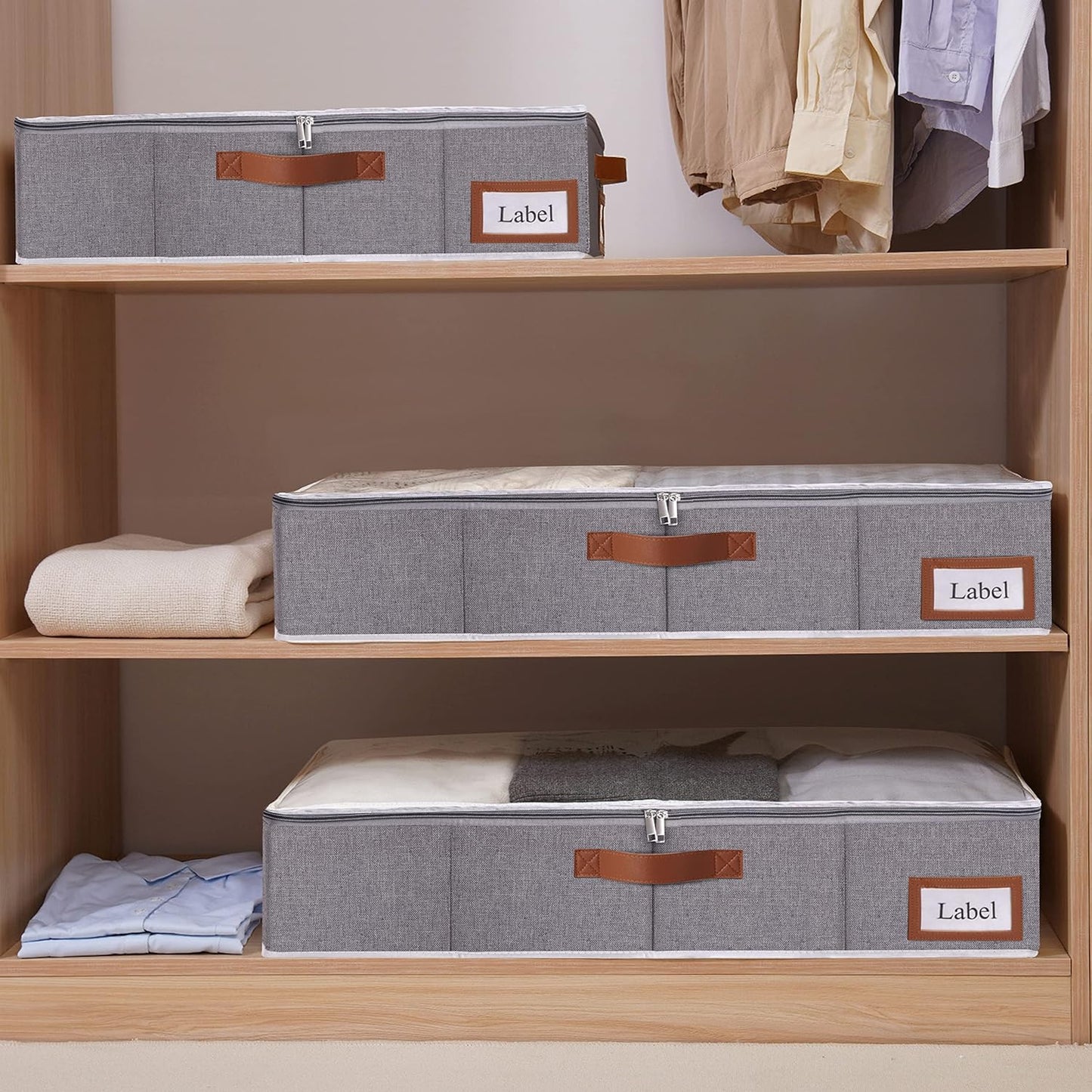 Yawinhe Under Bed Storage Containers, 2 Pack, Bin with Lids, Collapsible Closet Organizers, with Sorting Card Slot and 4 Leather Handles, for Blanket, Bedding, 31.5''Lx15.7''Wx6''H, Grey