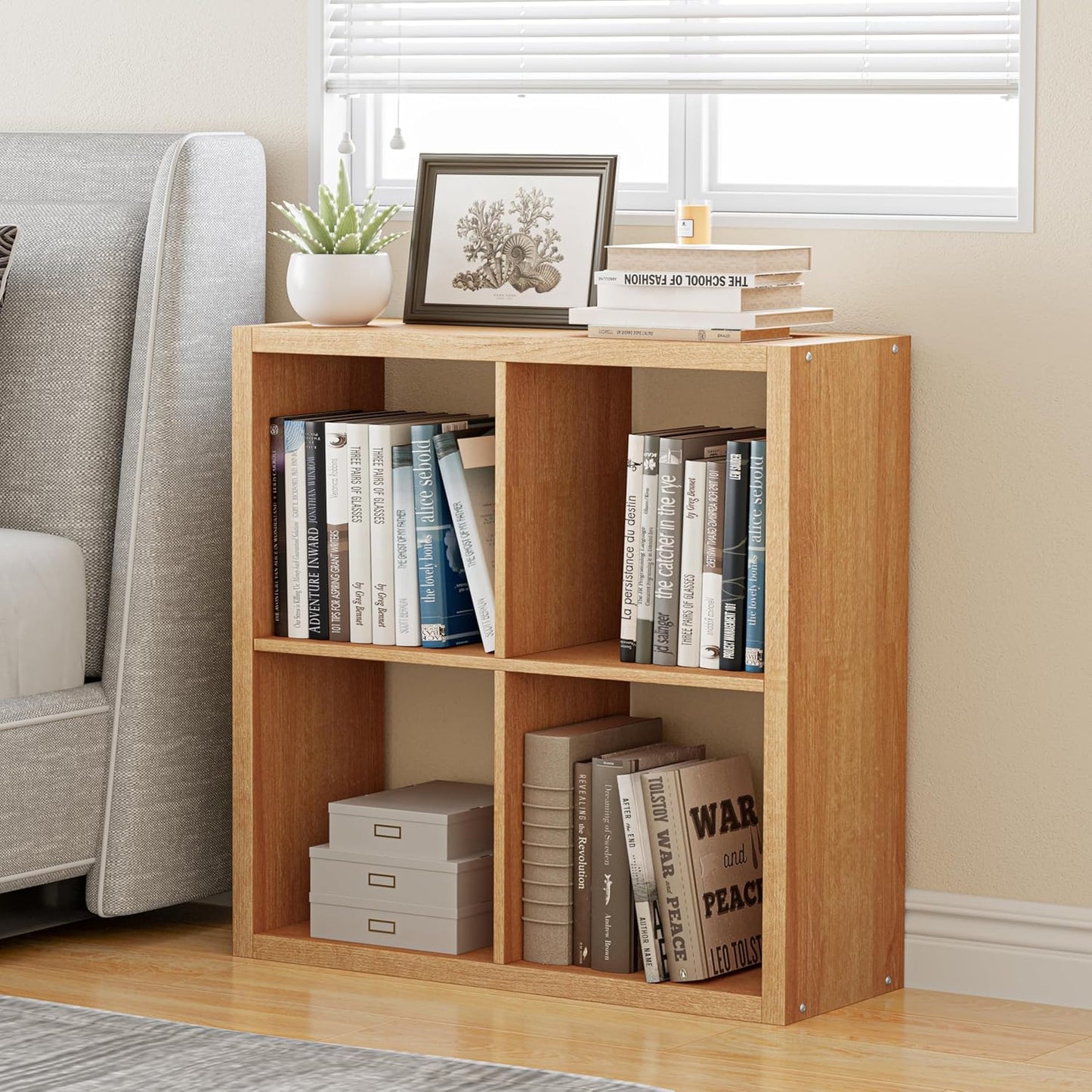 Cube Storage Organizer Bookcase, Decorative 11 inch Open Back Cubical Shelf with Thickened Border, Display Bookshelf for Living Room, Home Office, Sturdy Room (Natural Oak, 4 Cube)