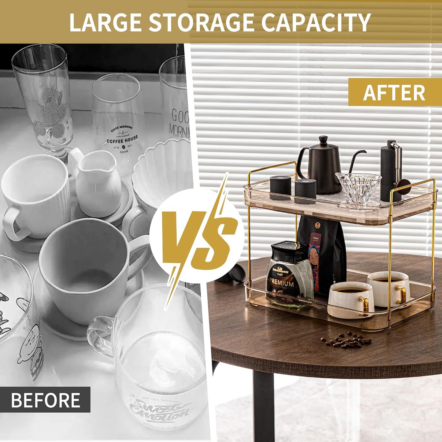 Coffee Bar Accessories, Station Organizers,Large Capacity Storage with Drain Board,Whisky Tray,Mug Tea Cup Holder Coffee Bar Organizer,Amber Gold