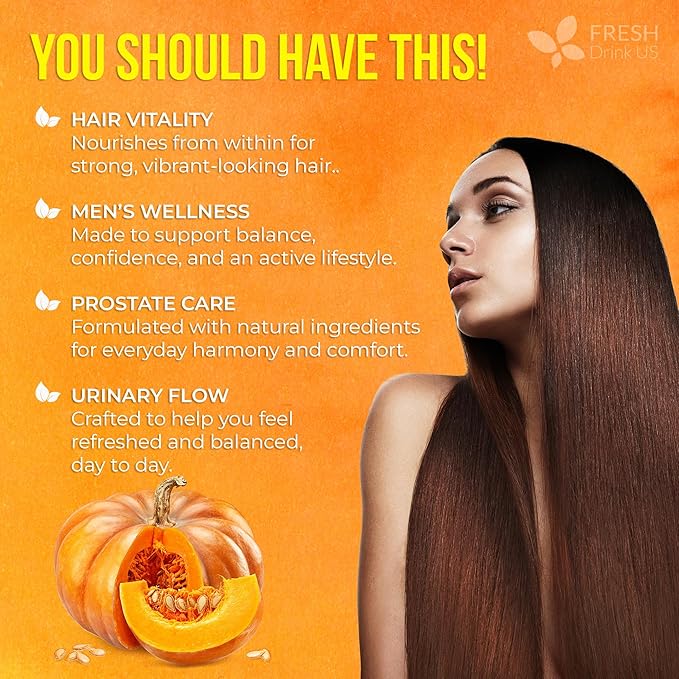 FreshDrinkUS, Premium 90 Pumpkin Seed Oil Gummies For Hair Growth, Youthful Skin, 4000mg Per Serving with Zinc & Vitamin C – Plant-Based, Non-GMO, Sugar/Gluten-Free, Men’s & Women’s Wellness Gummies