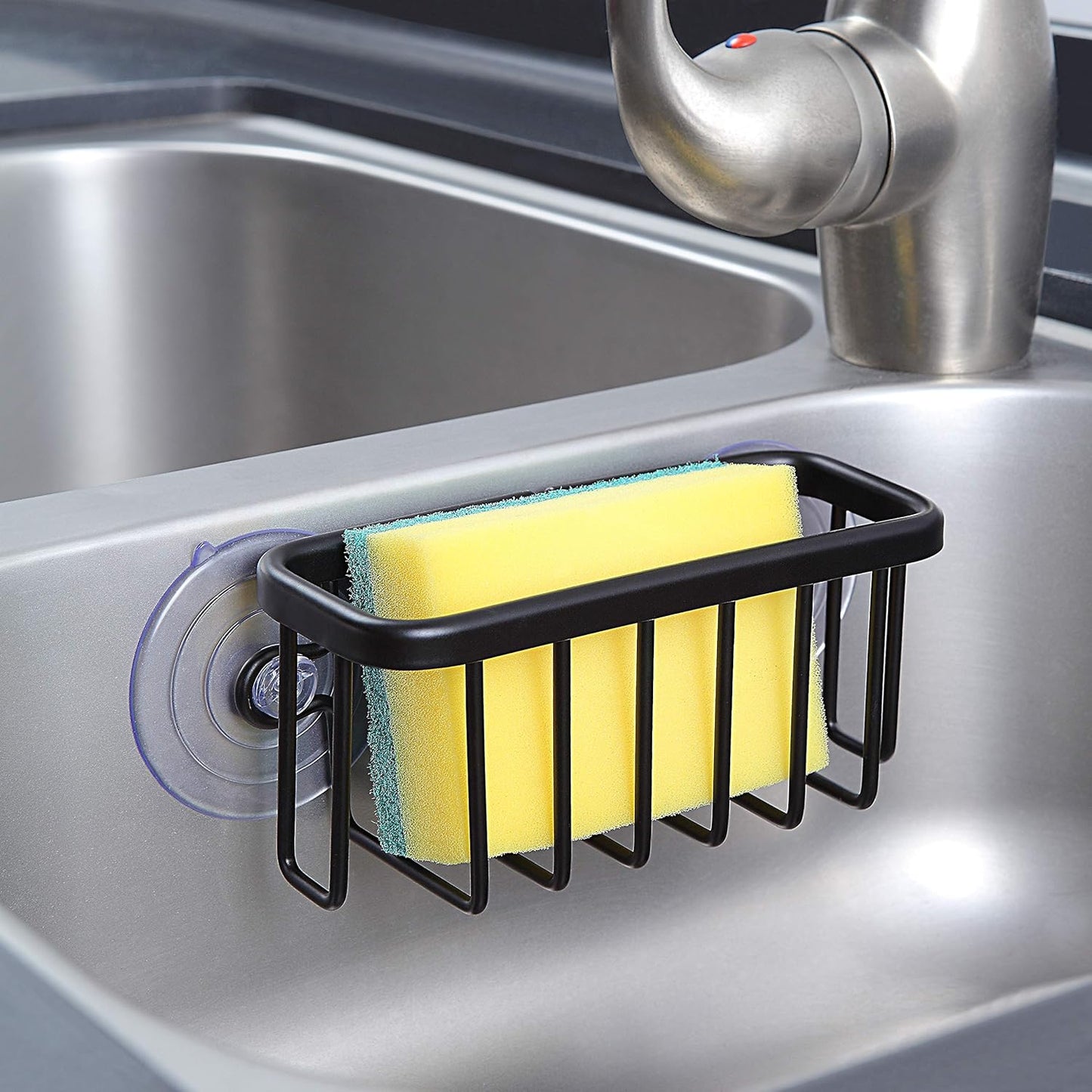SunnyPoint NeverRust Kitchen & Bathroom Sink Caddy for Sponges, Scrubbers, Soap, 6" x 2.5" x 2.65", with Adhesive Mount - Additional Suction Cup Included –Aluminum (Black)