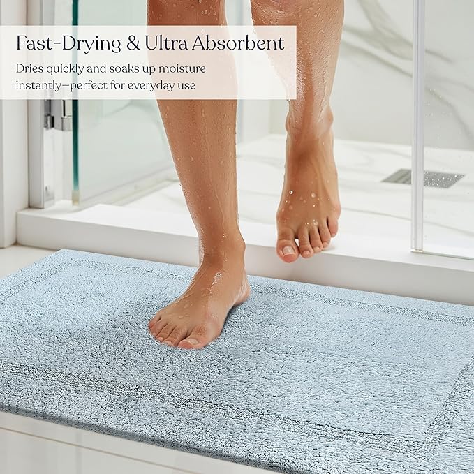 Delara Organic Cotton Reversible Bath Mat – 3000 GSM, GOTS Certified, Ultra-Thick & Super Absorbent | Soft, Plush & Quick-Drying Bathroom Rug (Light Blue, 30x50)