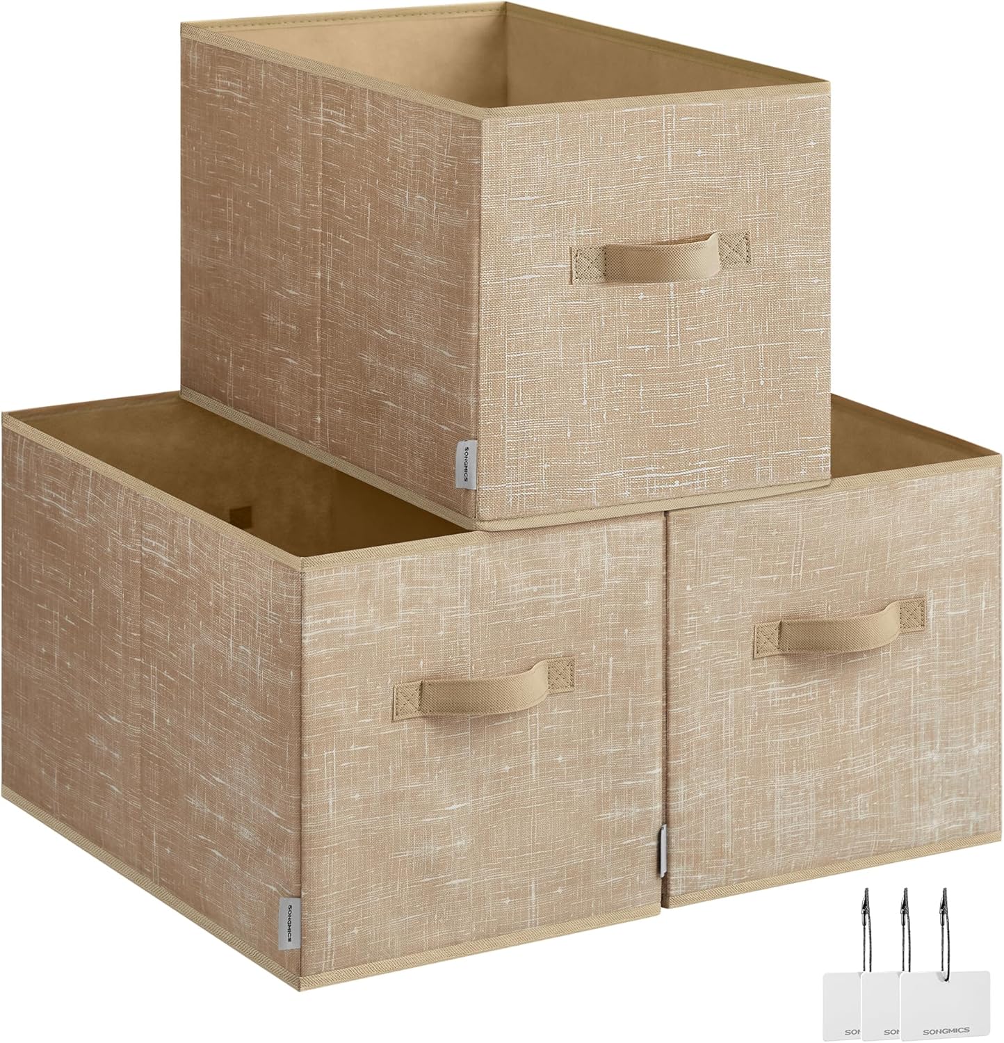 SONGMICS Storage Cubes, 19.7 x 11.8 x 11.8 Inches Non-Woven Fabric Bins with Double Handles, Set of 3, Closet Organizers for Shelves, Foldable, for Clothes, Sand Beige UROB450K01
