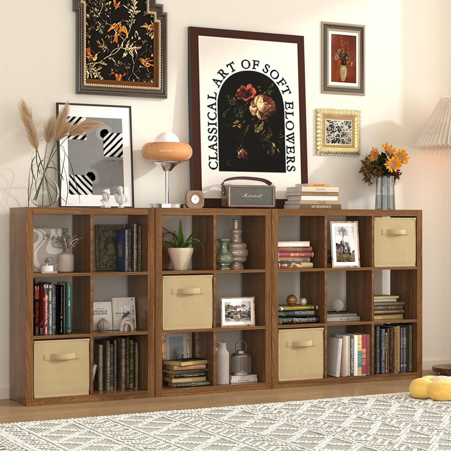 Bookshelf with Storage Bin, 4-Cube Storage Organizer, Modern Wood Open Bookcase, Multifunctional Display Shelf for Living Room, Bedroom, Home Office, Classic Oak