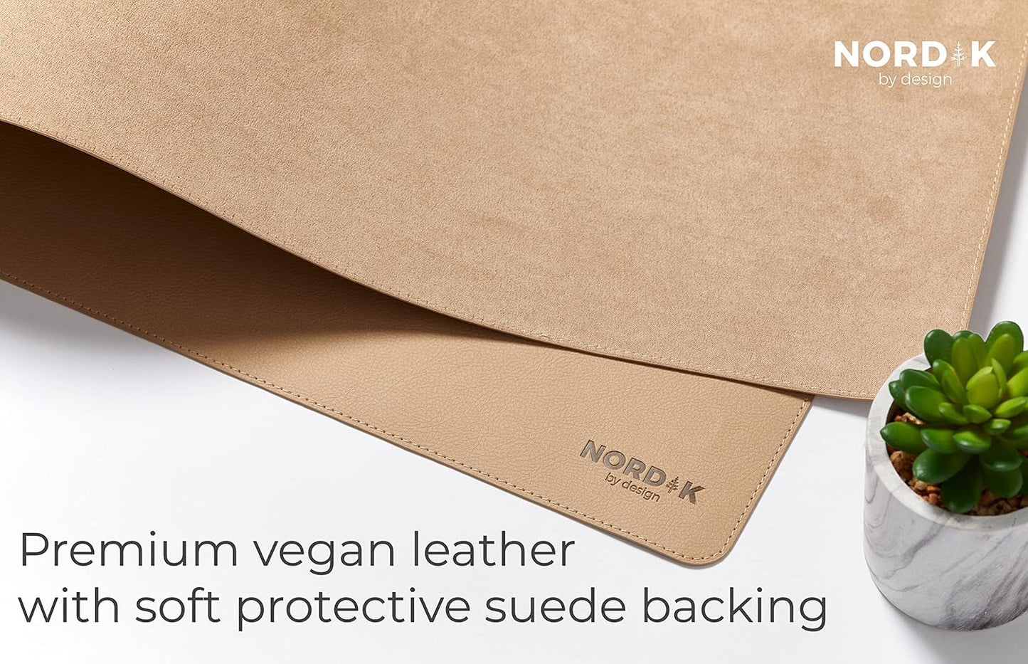 Nordik Leather Desk Mat Cable Organizer - Champagne Beige 35 X 17 inch - Premium Extended Mouse Mat for Home Office Accessories - Non-Slip Vegan Leather Desk Pad Protector & Desk Blotter Pad