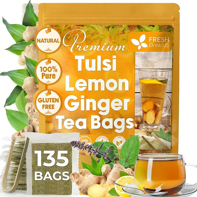 FreshDrinkUS, Premium 135 Tulsi Lemon Ginger Tea Bags, 100% Natural & Pure from Tulsi Holy Basil Leaves, Lemon and Ginger. Made with Natural Material Tea Bags. No Sugar, No Caffeine, Vegan.