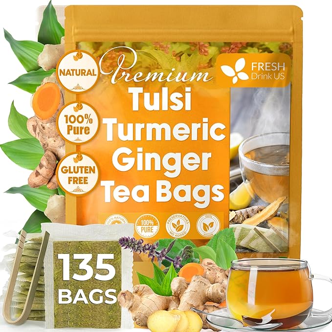 FreshDrinkUS, Premium 135 Tulsi Turmeric Ginger Tea Bags, 100% Natural & Pure from Tulsi Holy Basil Leaves, Turmeric and Ginger. Made with Natural Material Tea Bags. No Sugar, No Caffeine, Vegan.