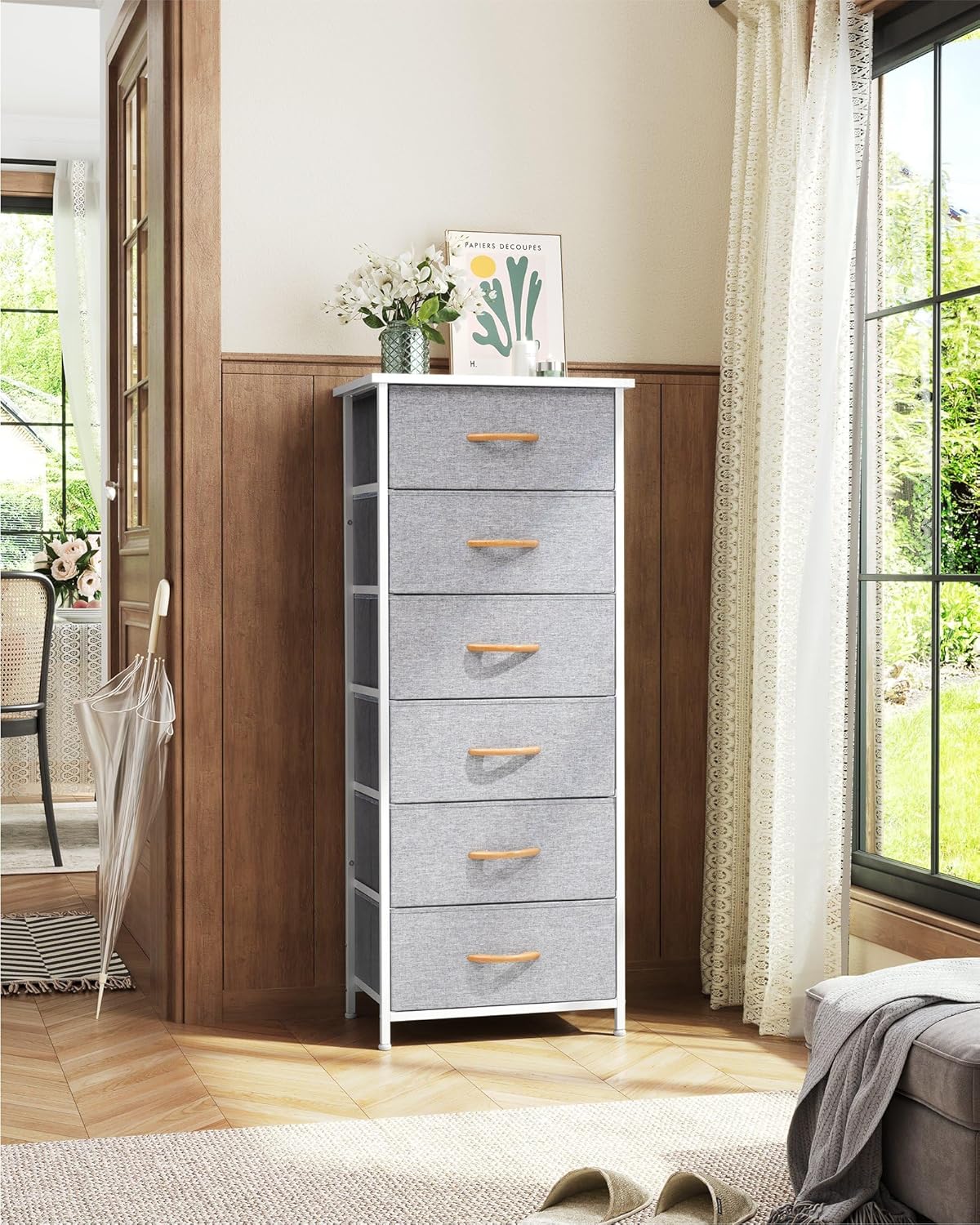 Crestlive Products Tall Dresser Storage Tower - Sturdy Steel Frame, Wood Top, Easy Pull Fabric Bins, Handles - Vertical Organizer Unit for Bedroom, Hallway, Entryway, Closets - 6 Drawers (Light Gray)