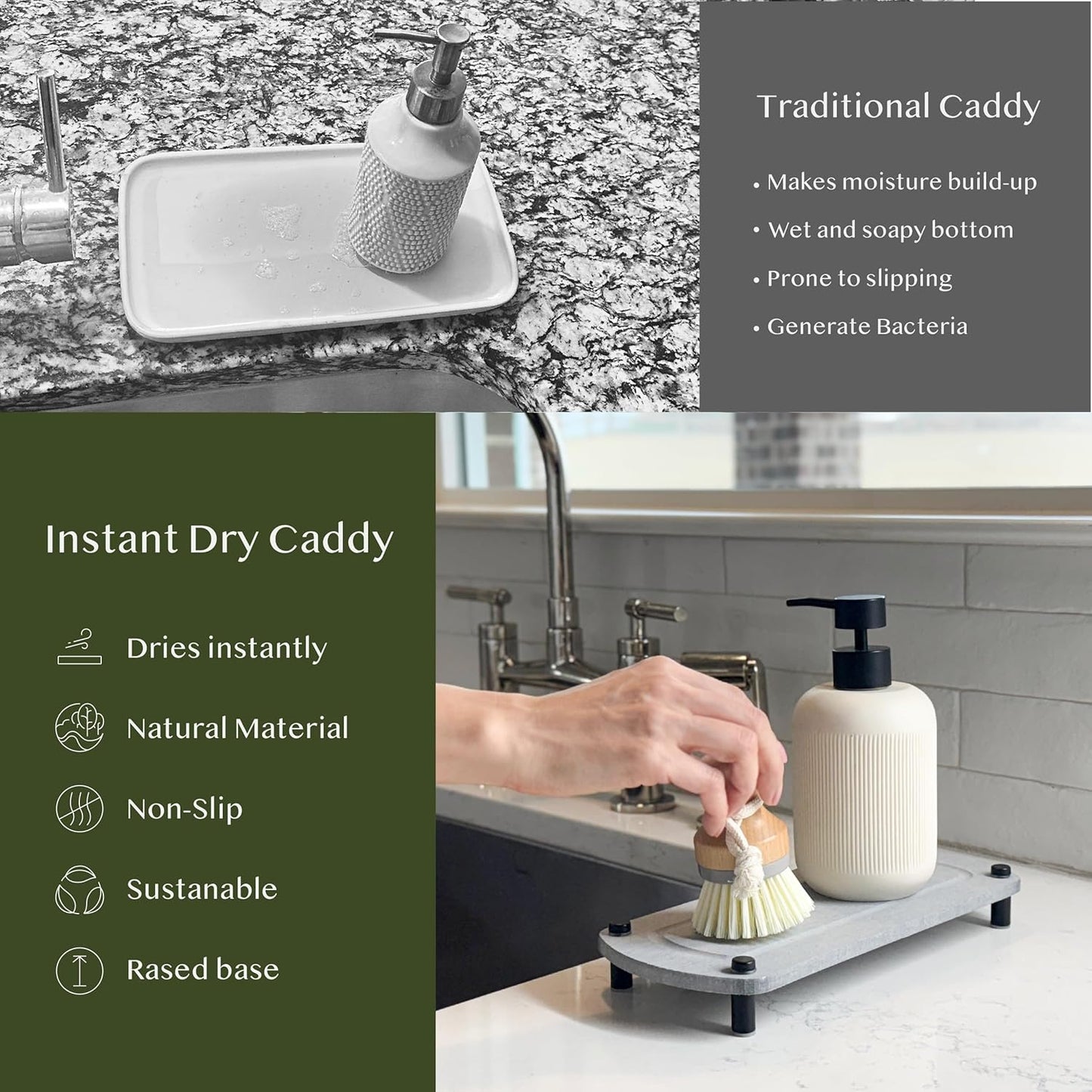 2PCS Water Absorbing Stone Soap Tray for Kitchen Bathroom Sink, Quick Dry Diatomaceous Earth Drying Rack and Shower Caddy, Soap Dispenser and Sponge Holder Organizer for Countertop