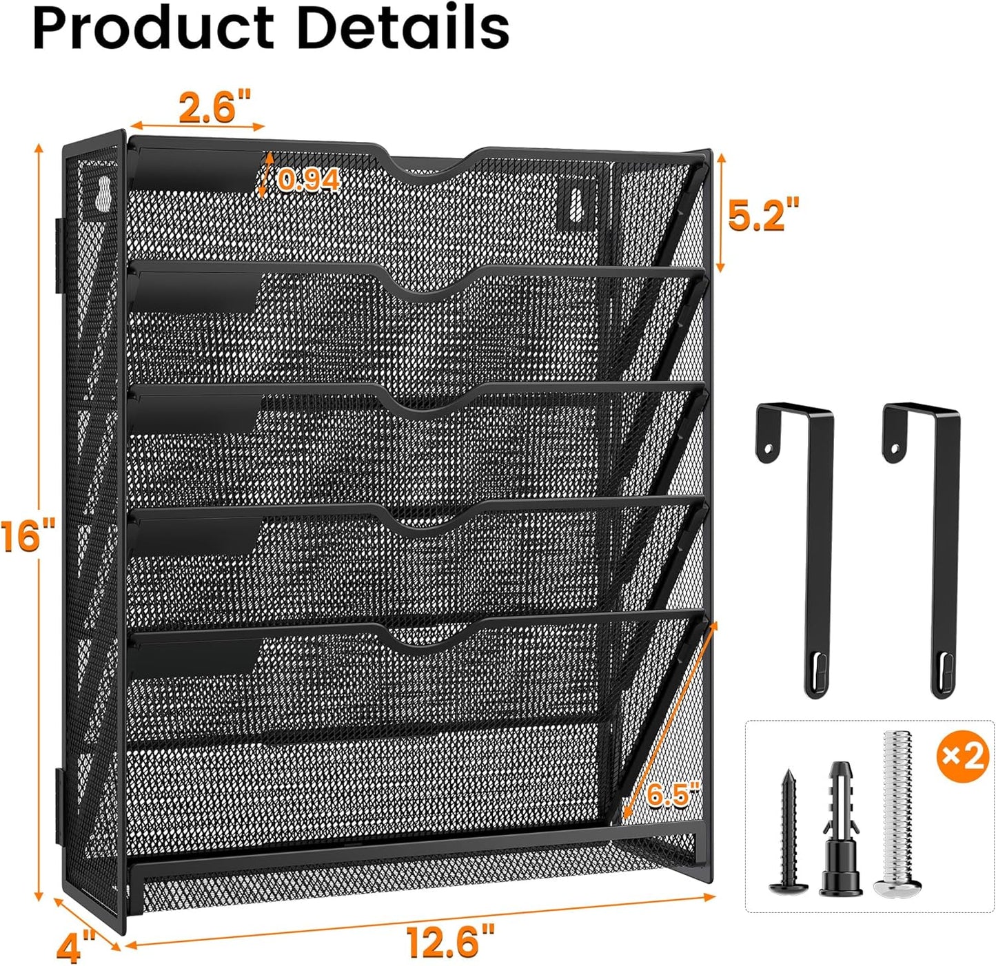 Hanging Wall File Organizer for Wall Mounted Mail Paper Folder Holder Document Organization Stand Desk File Organizer Tray for Office & Home Cubicle Countertop 6 Tier Black