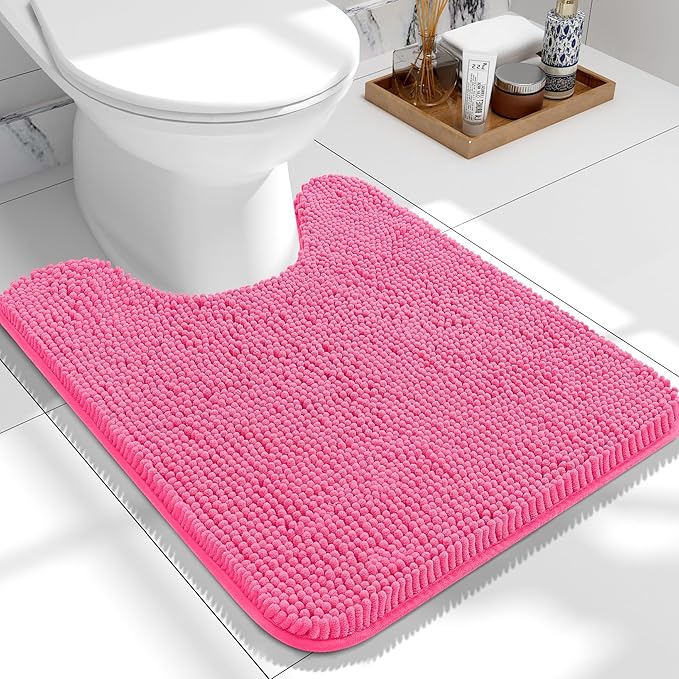 OLANLY Toilet Rugs U-Shaped 24x20, Extra Soft Absorbent Chenille Contour Bathroom Rugs for Toilet, Dry Quickly, Machine Washable, Non-Slip Bath Mat, Hot Pink