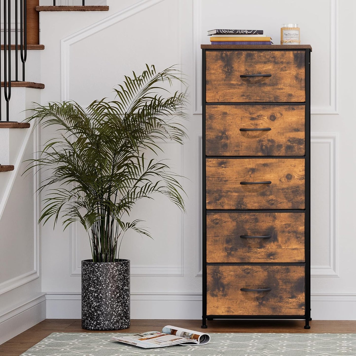 Crestlive Products Vertical Dresser Storage Tower - Sturdy Steel Frame, Wood Top, Easy Pull Fabric Bins - Organizer Unit for Bedroom, Hallway, Entryway, Closets - 5 Drawers(Rustic Brown)