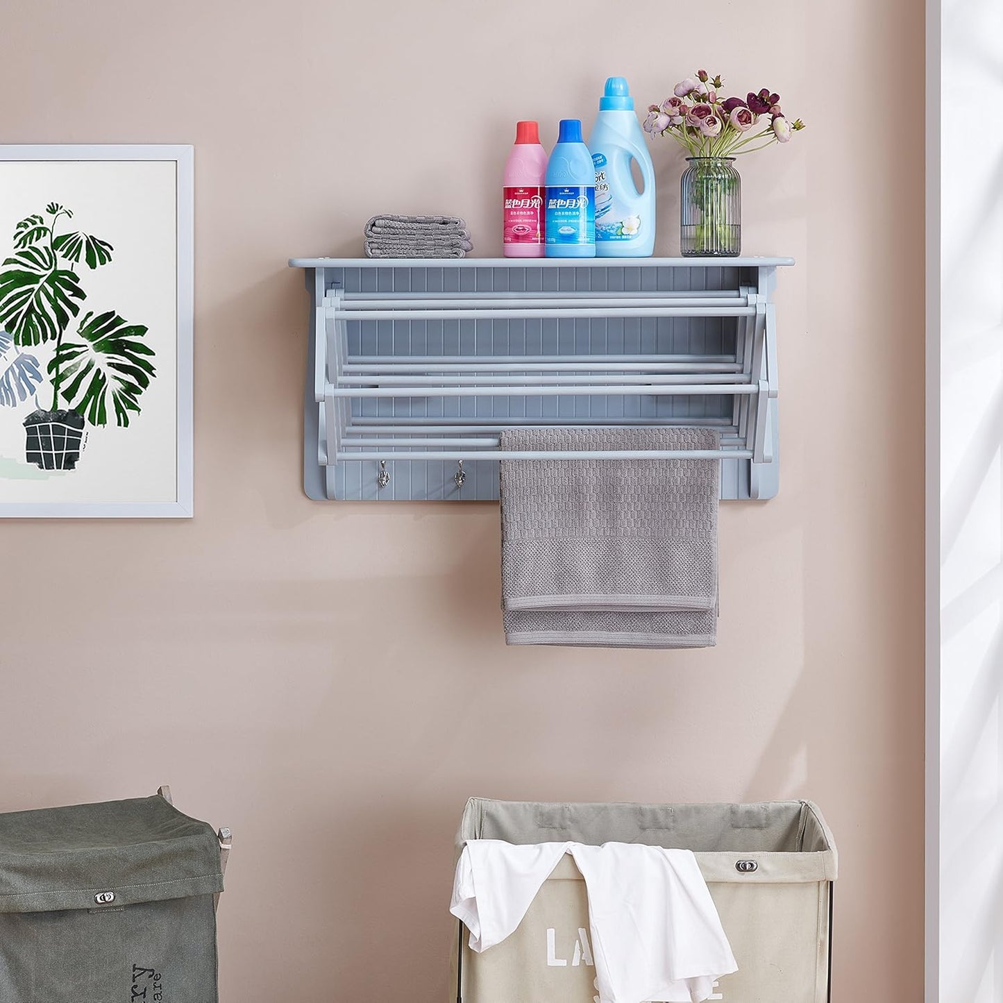 Danya B Accordion Clothes Drying Rack, Retractable, Wall Mounted Towel Rack and Hooks for Clothes and Towels for use in Laundry Room or Garage (Gray)