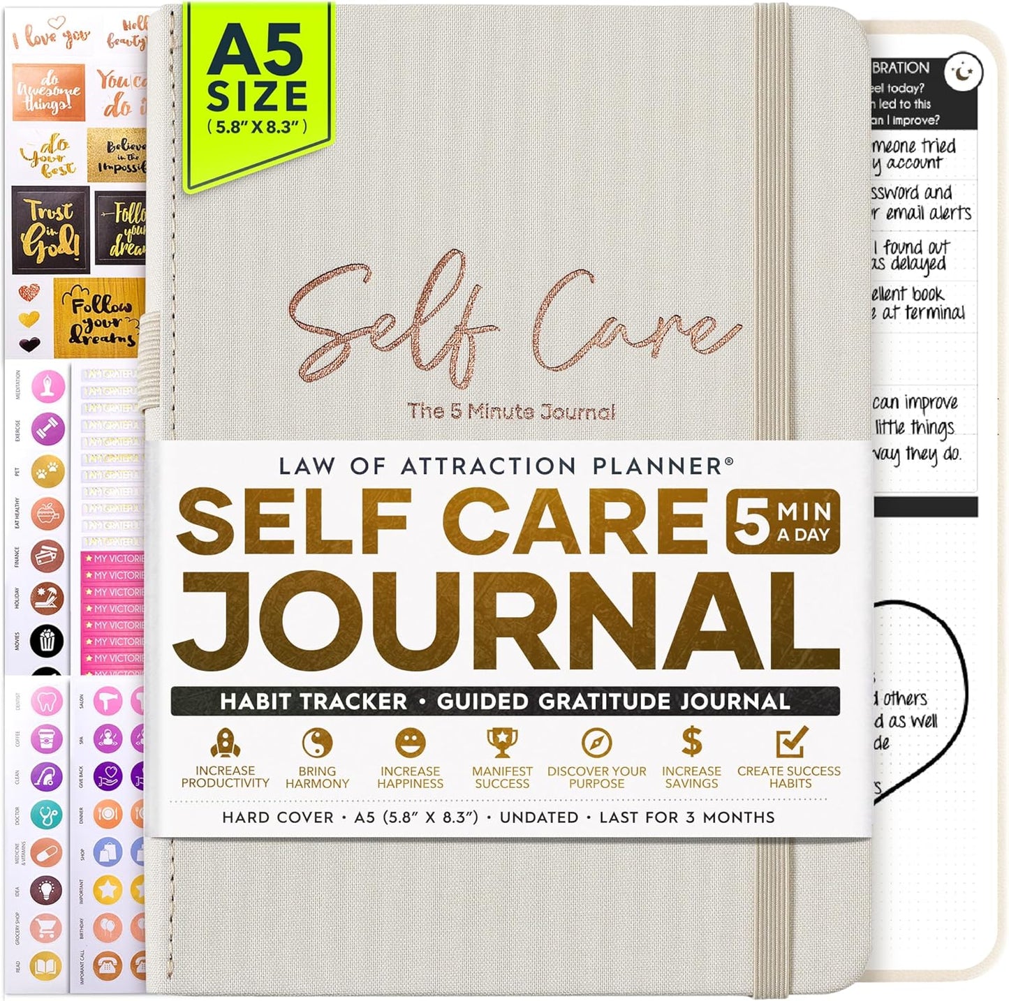 Self Care Journal - 5 Minute Mental Health & Manifestation Journal | 90-Day Undated Daily Planner for Positivity, Affirmations & Gratitude | Guided Mindfulness, Reflection | Vision Board + Stickers