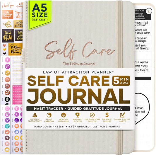 Self Care Journal - 5 Minute Mental Health & Manifestation Journal | 90-Day Undated Daily Planner for Positivity, Affirmations & Gratitude | Guided Mindfulness, Reflection | Vision Board + Stickers