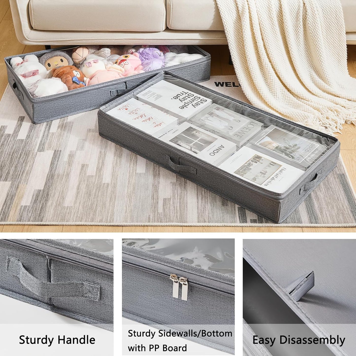 3 Pack Under Bed Storage Containers, Low Profile Underbed Shoes and Clothes Storage Organizer with Sturdy Sidewalls/Bottom, Large Dorm Storage Bins,33 * 17 * 4.5 inches,45L