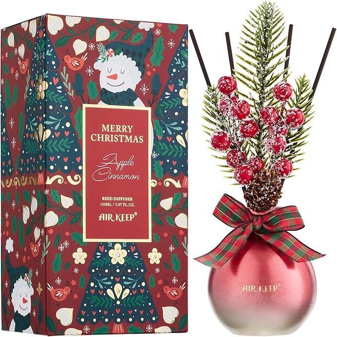 Airkeep Reed Diffuser Set, 5.07 oz(150ml) Apple Cinnamon Christmas Scented Diffuser with 8 Oil Diffuser Sticks,Home Fragrance Essential Oil Reed Diffuser for Home Room Bathroom Shelf Decor