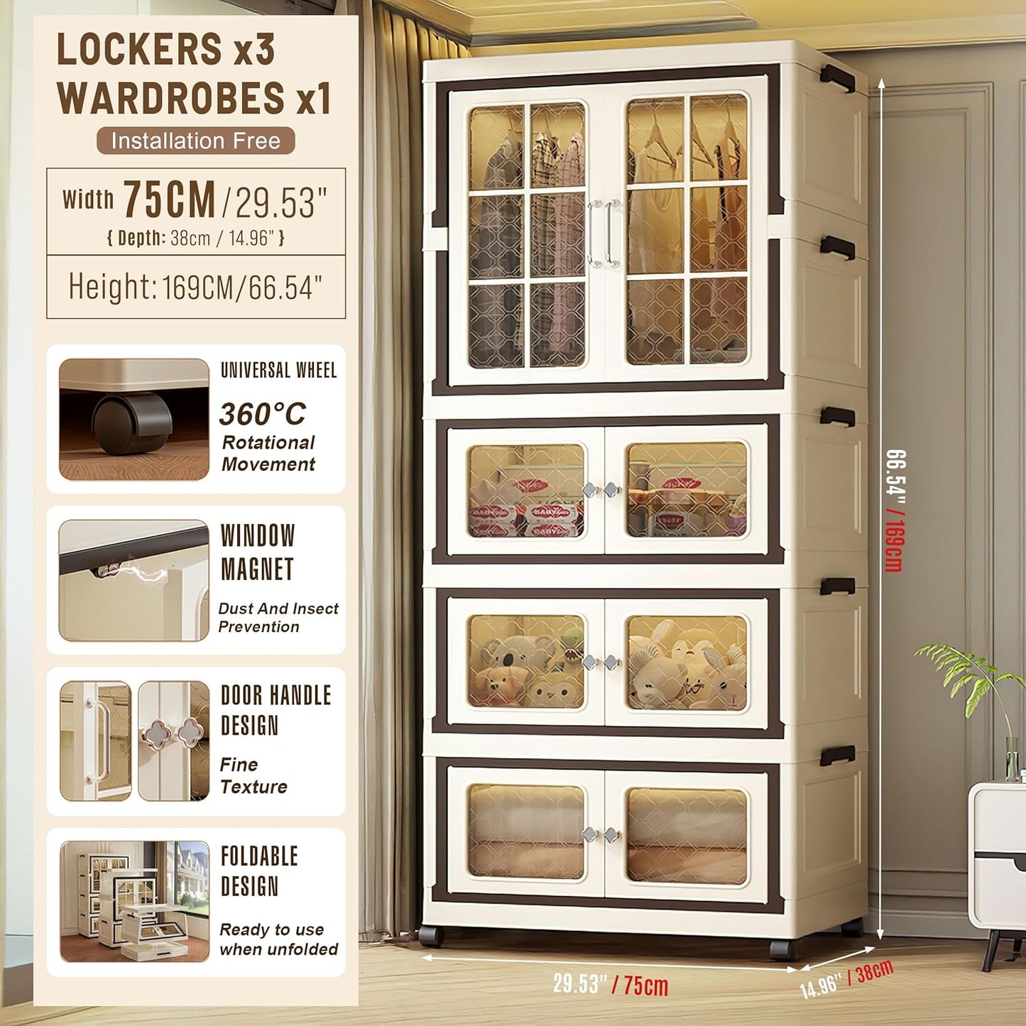 SunSettler Collapsible Storage Bins with Lids, Folding Storage Cabinets with Doors, Stackable Organizers Cabinets, Closet Organizers and Storage for Home, Dorm (3+1 Transparent Plus)