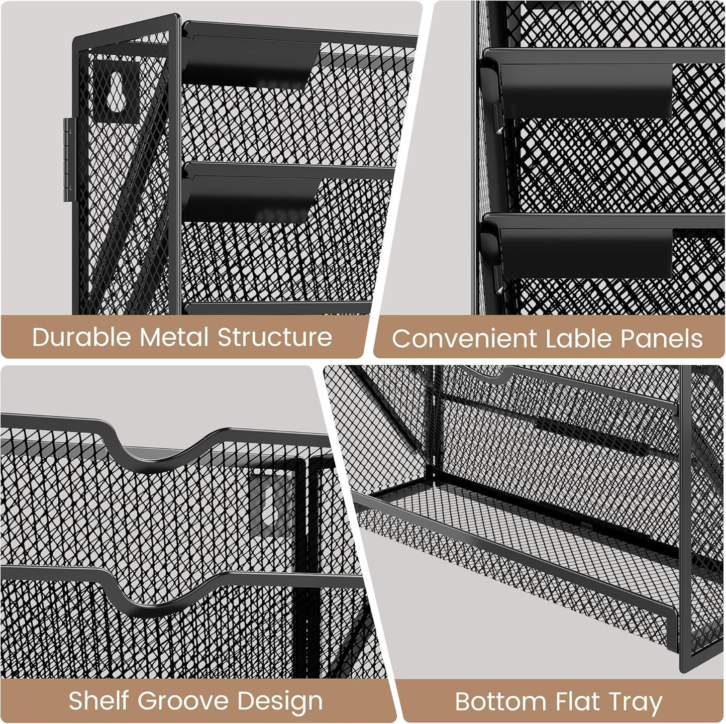 Desk File Organizer Mesh 10-Tier Hanging Wall Mount Document Organization Stand Desktop Vertical Mail Paper Folder Holder Rack with Bottom Tray for Office Home Cubicle Countertop-Black