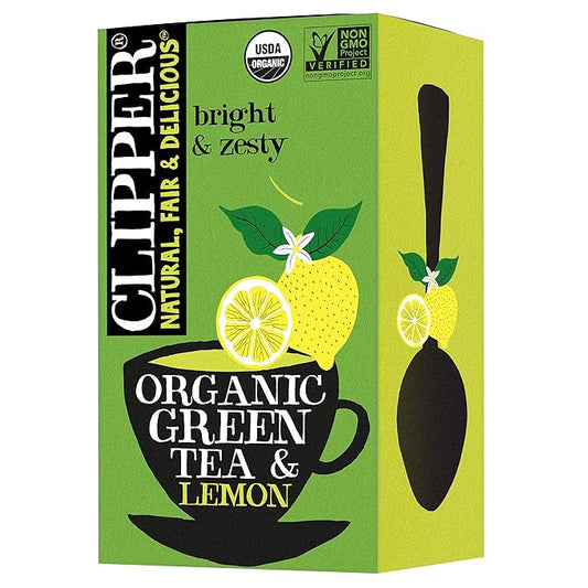 Clipper Tea Organic Fairtrade Green Tea Lemon - USDA Organic, Non-GMO, Fair Trade, Sustainable Caffeinated Tea, 1 Pack, 20 Unbleached Tea Bags