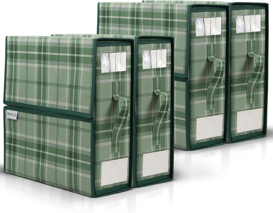 Bed Sheet Organizer Set of 4 – Plaid Sheet Storage 15"x12"x4" – Foldable Bedsheet Holders with Zipper, Window – Closet Organizer for Bedding Storage, Pillows, Duvets, Linen – Green