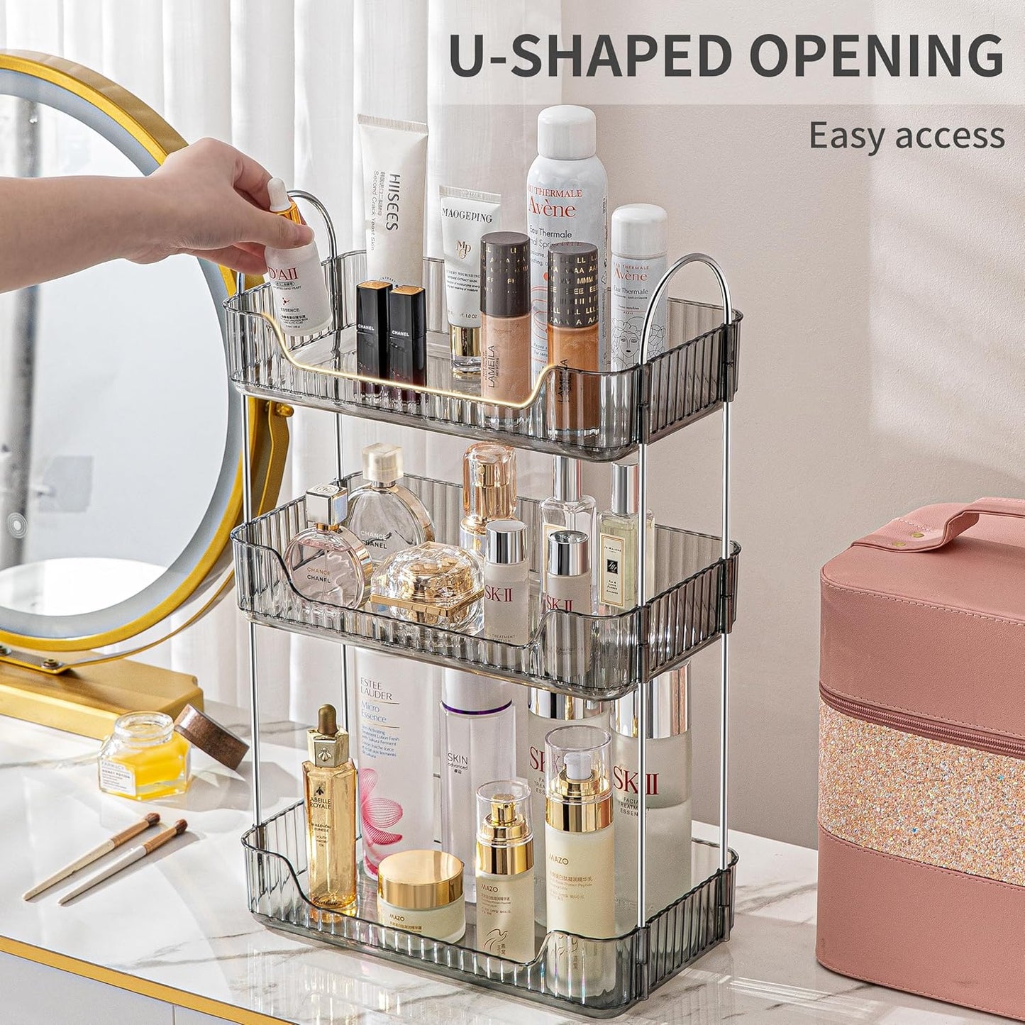 3 Tier Bathroom Organizer Countertop Makeup Perfume Tray Skincare Organizer for Bathroom Dresser Vanity (Grey)