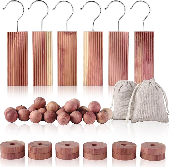 Cedar Blocks for Clothes Storage 50PCs, Hangers 6pc, Balls 30pc, Rings 12pc and Sachet Bags 2pc for Closets and Drawers
