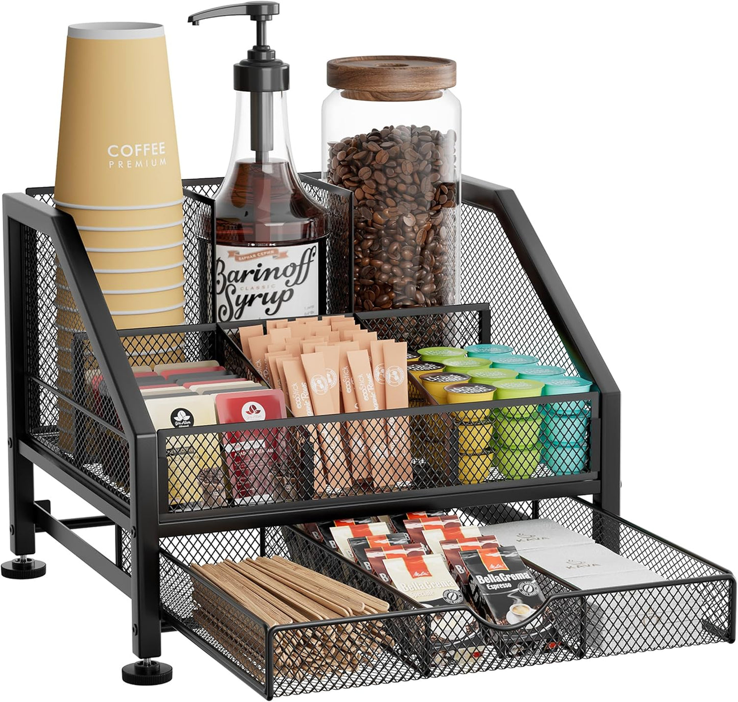 SWTYMIKI Coffee Bar Organizer for Countertop – Space-Saving Storage Rack with Drawer & Tiered Shelves, Coffee Station Organizer for Breakroom, Kitchen, Office, Cafe, Mesh Tea Condiment Storage