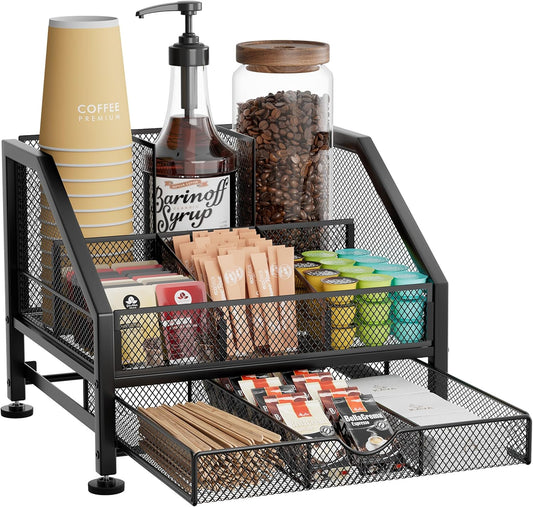 SWTYMIKI Coffee Bar Organizer for Countertop – Space-Saving Storage Rack with Drawer & Tiered Shelves, Coffee Station Organizer for Breakroom, Kitchen, Office, Cafe, Mesh Tea Condiment Storage