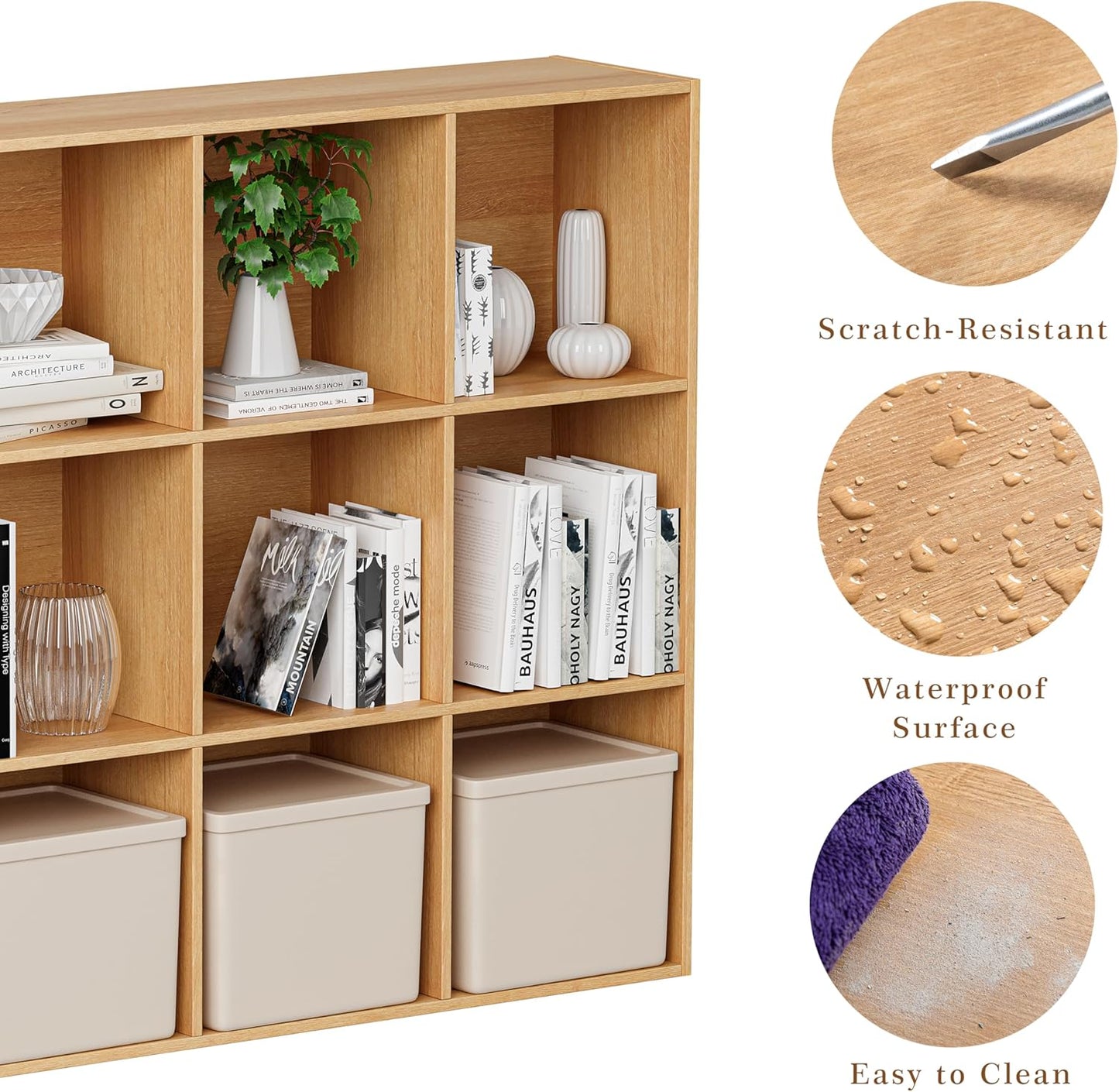 Wooden Cube Storage Organizer with Closed Back Panel, 11in Cube Shelf Opening, Bookshelf, Display Shelf,Closet Cabinet for Home and Office (Natural Oak, 12-Cube 35.98L*9.45W*47.72H)