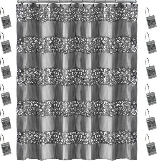 Zahari Home Sinatra 13pc Bathroom Shower Curtain Set - Classic Luxury Fabric Curtains with Unique Design & 12 Hooks